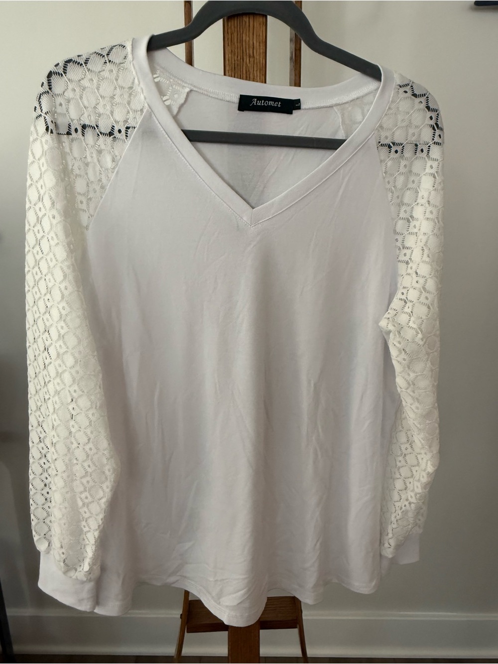 White Lace-Sleeve V-Neck Top